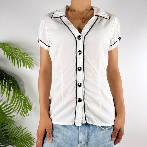 Vintage Y2K White Rockabilly Retro Short Sleeve Collared Button Up Blouse / L - Picture 3 of 7